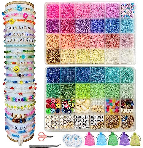 Perlen für Armbänder, 3mm 18000+ Stück Perlen zum Auffädeln Armbänder Selber Machen Perlen Set mit Smiley Glasperlen,Buchstaben Perlen für Weihnachten,Feiertage, Geburtstage,Partys,Belohnungen