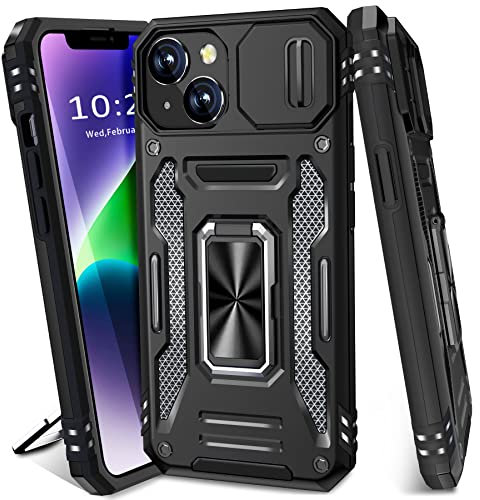 BaHaHoues iPhone 13/14 Case with Slide Camera Cover & Magnetic Kickstand, Military Grade Shockproof Protective Case (Black)