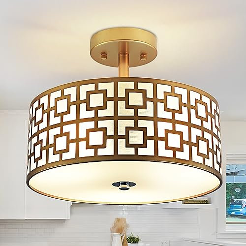 Depuley Deckenlampe Led Wohnzimmer Modern Gold Deckenleuchte Schlafzimmer Vintage Stoffschirm silber mit 3 E27 Basis(Glühbirne Nicht inkl) Einbau für Esszimmer Küche Kinderzimmer Halle Balkon Hote