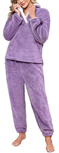 Niwicee Womens Pyjamas Warm Fleece Pyjamas Set Winter Soft Ladies 2 Piece Nightwear Loungewear Set Longsleeve Top and Thermal Bottoms Pjs Sleepwear with Pocket S-XXL(Purple,XXL)