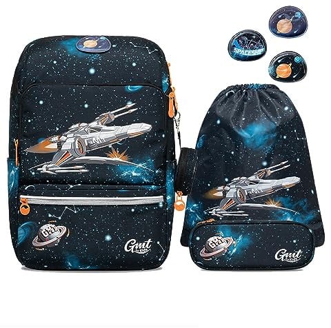 GMT for Kids Schulranzen Set 5-teilig Ergonomische Ultraleichte Schultasche Mädchen Junge Kinder Schulrucksack Raumschiff Grundschule Schultaschen 1-4. Klasse Rucksack 22 L