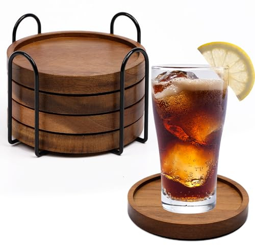 4 Pcs Wood Coasters for Drinks Absorbent, Wooden Coasters with Holder, Drink Coasters for Coffee Table, Absorbent Coaster Set for Table Protection Drink Coasters for Farmhouse, Office, Bar
