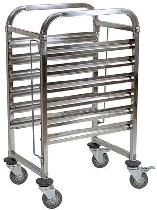 Gastronorm Regalwagen aus Edelstahl für 6 x GN Behälter 1/1 - beidseitiger Sicherheitsbügel - Feststellbremsen - Tablettwagen, Küchenwagen, Abräumwagen, Rollwagen