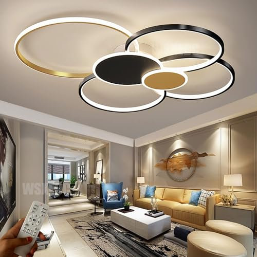 Dimmbare LED 6 Ring Wohnzimmerleuchte LED-Deckenleuchte moderne kreative Deckenbeleuchtung Innenbeleuchtung für die Augenpflege Für Schlafzimmer Büro Esszimmer Jugendzimmer (Schwarz Gold, L80cm 71W)
