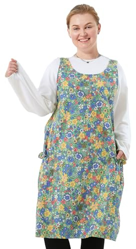 Big Plus Size Aprons for Women with Pockets Cotton Linen Baking Kitchen Cooking, Colorful Floral, One size