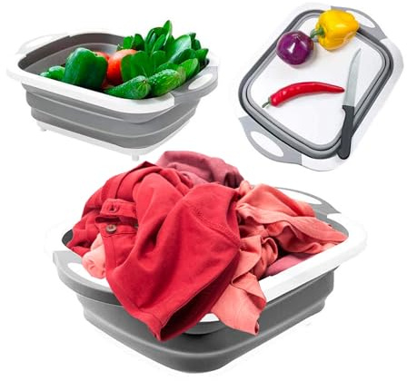 Avilia Cestino Multifunzionale Pieghevole 5L con Tappo Drenaggio, Utilizzabile come Tagliere, Lavaggio Verdura, Frutta e Biancheria, in Plastica, 42,5L x 31L x 15,5H cm, Grigio