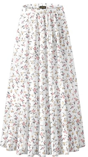 NASHALYLY Damen Chiffon Elastische Hohe Taille Plissee A-Linie Ausgestellt Maxi Röcke, Glänzendes Blumenmuster, Mittel