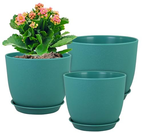 WSMKSZ Lot de 3 Pots de Fleurs décoratifs Modernes en Plastique pour intérieur et extérieur, avec Trous de Drainage et Plateau Bleu Sarcelle 26,4 x 2,4 cm