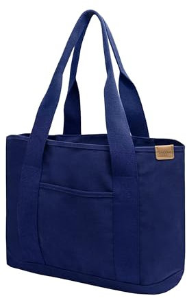 Damen Groß Handtasche mit Laptopfach Canvas Satchel Tote Bag Schultertasche Shopper Tasche für Arbeit Bücher Alltag Lehrertasche navy Large
