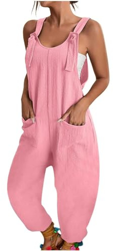 Latzhose Damen Arbeitshose, Plissee Hose Damen Jeans Latzhose Damen Frauen Elegant Einfarbig Ärmellose Adjustable Bib Lang Jumpsuit Mit Taschen Ganzkörperanzug Damen 80 Er Jahre Kostüm Damen(Rosa,S)