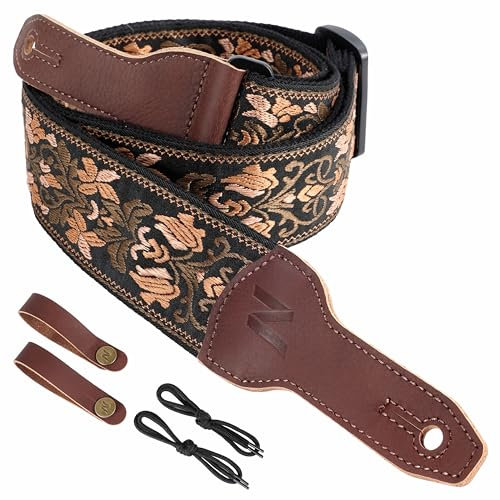Nefelibata Banjo-Gurt, 2 breit, Vollnarbenleder Jacquard bestickt, verstellbarer Ersatz, Gitarrengurt mit Kopfplatten-Seil und Leder-Stirnband (Goldblumen-Stickerei)