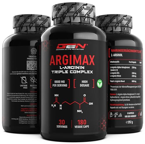 ARGIMAX - L-Arginine Triple Complexe - 6600 mg par portion journalière - Premium : Complexe d'AAKG, L-Arginine HCL & Nitrate d'Arginine - 180 capsules - Hautement dosé - Vegan