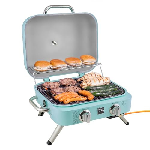 Kenmore Barbecue a Gas Portatile - Piccolo Grill a 2 Bruciatori (4,1 kW) - Ideale per Campeggio, Camper e Balcone - 58 x 48 x 39 cm - BBQ da Tavolo - Turchese