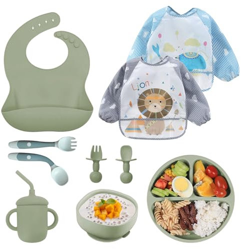 10 pièces Coffret Repas Bebe, Assiette Ventouse Silicone Antiderapant avec Compartiments, Ventouse Bol, Bavoir, Cuillère d’apprentissage, Assiette Enfant Set (Vert)