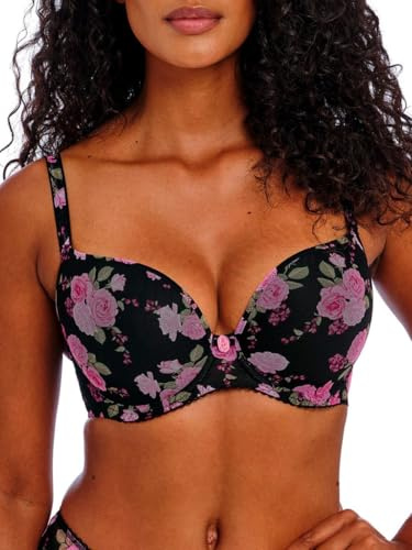 Freya Women's Rose Blossom Underwire Molded Plunge T-Shirt Bra, Black Rose, 36DD