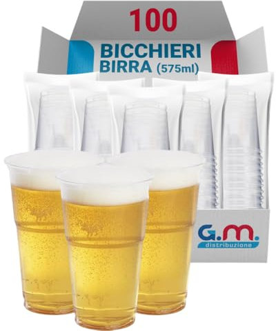 G.M. DISTRIBUZIONE 100 Bicchieri Birra da 575ml in PET Trasparente, Bicchieri Usa e Getta per Birra tacca 4cl, Bicchieri Monouso per Bar e Lounge Bar