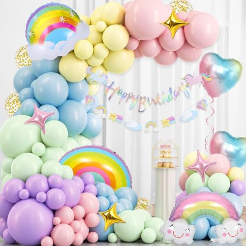 Pastell Geburtstag Deko Mädchen Girlande - 138 Stücke Regenbogen Geburtstagsdeko Happy Birthday Banner Lächelnde Regenbogen Wolken Folienballon Herz Luftballon für Kinder Babyparty Jubiläum Dekoration