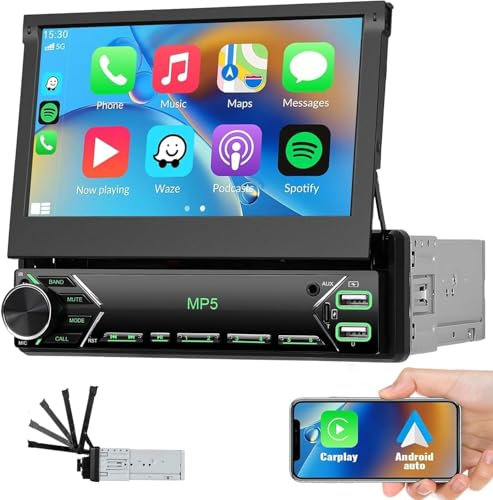 CAMECHO 1 DIN Carplay Android Auto, 7 Pulgadas Auto Screen Car Radio con Bluetooth Manos Libres Mirror Link FM 2 USB Port/Type-C/AUX-in