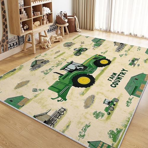 Wohnzimmer Teppich 80x150cm Cartoon Grüner Traktor - Moderne Rutschfest, Waschbarer Kurzflor, Weich Flauschig für Schlafzimmer und Kinderzimmer