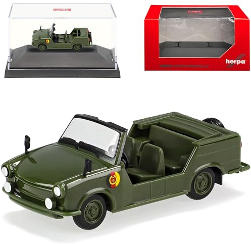 Trabant 601 Kübel NVA DDR Arme 1964-1990 mit Sockel und Vitrine H0 1/87 Herpa Modell Auto mit individiuellem Wunschkennzeichen