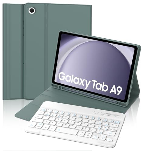 Coque Clavier pour Samsung Galaxy Tab A9 8.7‘', AZERTY Français Étui Clavier Magnétique Bluetooth sans Fil Etui Housse pour Samsung Tab A9, Vert Foncé