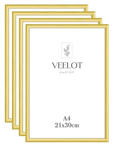 Veelot® 4x Bilderrahmen DIN A4 21x29,7cm | Metall Aluminium,Gold mat,Zertifikatsrahmen 21x30cm mit bruchsicherem Acrylglas | Hoch- & Querformat zur Wandmontage,schmales Profil