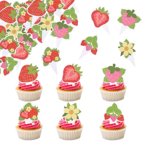 HJZHII 72PCS Non Edible Strawberry Cupcake Topper, Glitter Strawberrys Cake Decoration Inedible Cupcake Pick Strawberrys Party Cake Decor for Summer Wedding Birthday Party Berry Theme Dessert Table