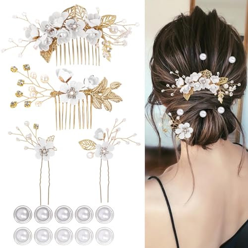 4 accessori per capelli da sposa per donna, forcine per capelli da sposa, accessori per capelli da damigella d'onore con fiori, 10 forcine a spirale con perle per spose, damigelle e ragazze (bianco)