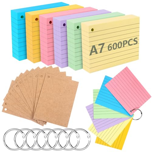 Flash Cards 600 Pièces A7 Lignées Multicolores avec 7 Anneaux de Reliure, Fiches Bristol Perforées, Cartes de Révision et Index pour École, Bureau et Étude du Vocabulaire