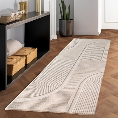 Carpettex Einfarbiger Skandinavischer Boho Teppich Creme 80x150 cm, Weicher Waschbarer Deko Teppich mit 3D-Effekt, Pflegeleichter Läufer Wohnzimmer und Schlafzimmer