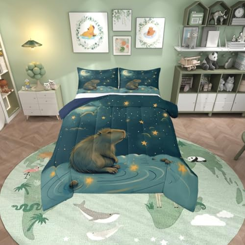 Erosebridal Kids Cute Beaver Comforter Set Twin Size, Wild Animal Bedding Set for Bedroom, Wildlife Duvet Insert, Galaxy Starry Sky Quilt