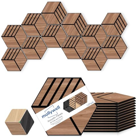 Mollywell Hexagon Acoustic Panels, Walnut S4, 14x12x0.4 Inch, 12 Pack |Wood Veneer|High Density Sound Proofing Wall Panels|Self Adhesive Sound Dampening Felt Wall Tiles|Home Theater|Gaming Room|