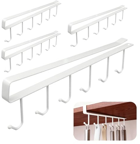 Tassenhalter Unter Schrank, 4 Stück Unter Regal Tassenregal, Kaffeetassenhalter Ohne Bohren, Aufbewahrungshaken für Tassen Mug Weingläser Küchenutensilie Krawatten Gürtel Schal Schlüssel (Weiß)