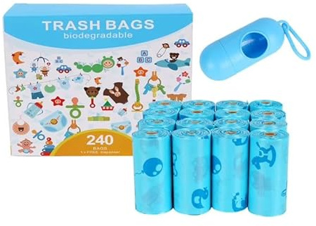 240 Fragranced Printed Nappy Disposal Bags with Free Dispenser - EasyTie for Travel-Baby Diaper SacksBags- Degradable PooBags, Dog PooBags With Handles (16 rolls with 15 bags each total 240 Bags)