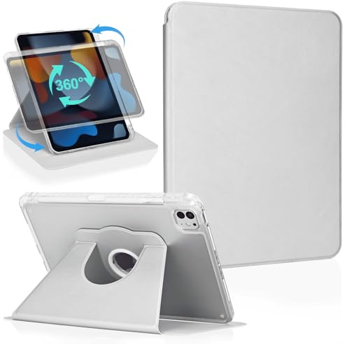 Koze Étui Rotatif pour iPad Pro 11 Pouces M5 2025 / M4 2024 (6e/5e Génération) avec Porte-Stylet, Coque de Protection Transparente Acrylique Antichoc Rotative à 360 Degrés, Gris Clair