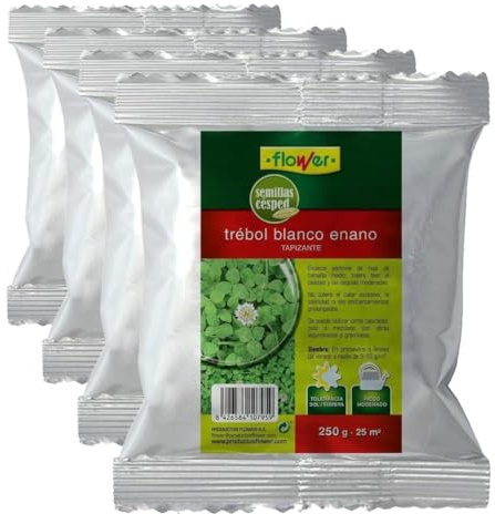 Flower - Semillas Trébol Blanco Enano 250gr | Tapizante Robusto | Tolerancia Sol/Sombra | Riego Moderado | Para 25m2 | Exposición Solar Parcial, 10.3x3.7x14.5 cm, Material Semilla (Paquete de 4)