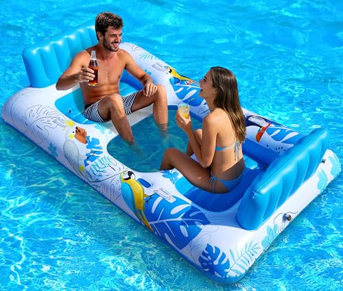 Luxfero Aufblasbare Luftmatratze Pool Erwachsene für 2 Personen, 220 x 110cm Große Pool Matratze, Luftmatratze Wasser mit Getränke & Handyhaltern, Verdickte Aufblasbarer Sonnenpool für den Garten
