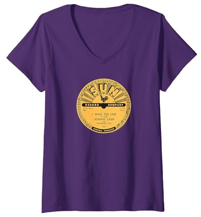 Femme Sun Records Vinyl Johnny Cash I Walk The Line Vinyle T-Shirt avec Col en V, Violet, M