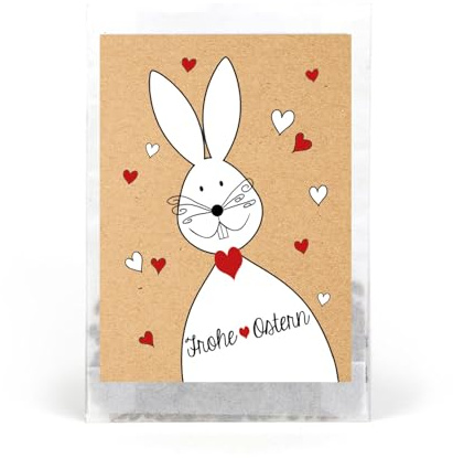 Frohe Ostern Samentütchen 10er Set - Kressesamen Gastgeschenk zu Ostern mit weißem Hasen und Herz Motiv - Samen Geschenk für Osterfeier, Gäste oder Kunden - Logbuch-Verlag