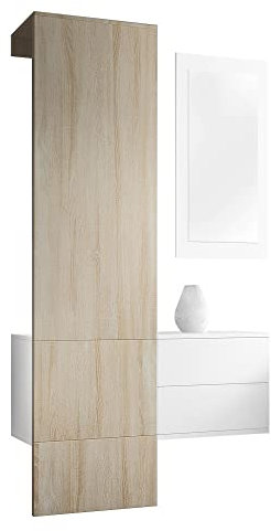 Vladon Garderobe Carlton Set 2, Made in Germany, Garderobenset bestehend aus 1 Garderobenpaneel, 1 Schubkastenschrank und 1 Wandspiegel, Weiß matt/Eiche sägerau (105 x 193 x 35 cm)