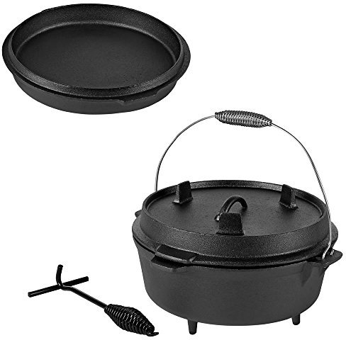 Melko BBQ Dutch Oven mit Deckel und Deckelheber aus Gusseisen, Topf zum Grillen, Braten, Garen, Backen oder für Eintöpfe, 9 Liter