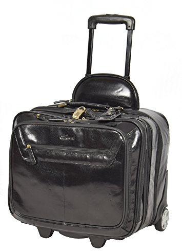 House of Luggage Echtes Leder Pilotenkoffer auf Räder Flug Arbeit Laptop Trolley Kabine Tasche HLG891 Schwarz