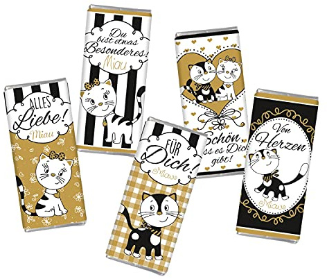 5 mal Mini Schokolade Katze Freundschaft Geburtstag Liebe STEINBECK Minitafeln Tafel 5er Set Geschenk Alles Liebe süß Mitgebsel Für Dich schwarz gold