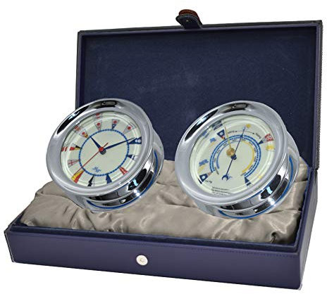 Master-Mariner American Voyager Collection, Nautical Windlass Gift Set, 5.85” Diameter Clock and Barometer Instruments, Chrome Finish, Ivory Signal Flag dial