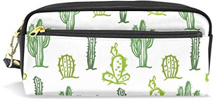 imobaby Green Kaktus-Muster Tragbare Tasche PU Leder Schulstifteetui Stifteetui für Kinder Wasserdicht Kosmetik Tasche Make-up Beauty Case