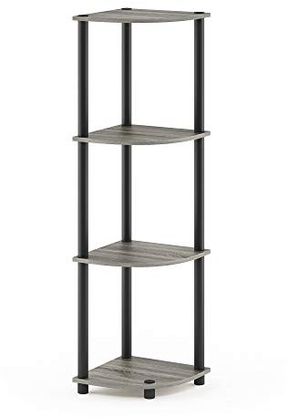 Furinno Eckregal mit 4 Ebenen, holz, Französische Eiche Grau/Schwarz, 29.46 x 29.46 x 110.49 cm