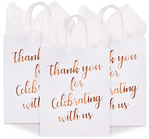 15-Pack Medium Sized Gift Bags with Tissue Paper for Wedding, Rose Gold Foil Thank You for Celebrating With Us Bags with Handles, Kraft Paper (25.5 x 20.5 x 10 cm)