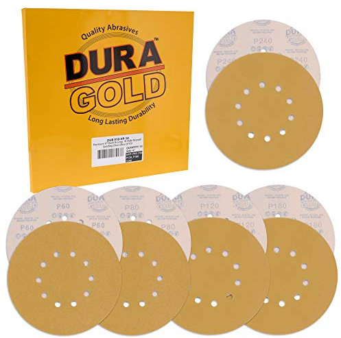 Dura-Gold Premium 9 Drywall Sanding Discs Variety Pack Box - 60, 80, 120, 180, 240 Grit (2 Discs Each, 10 Total) - 10 Hole Pattern Sandpaper Discs with Hook & Loop Backing, Fast Cut For Power Sander