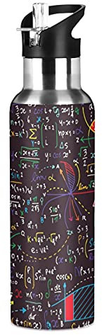 Vnurnrn Art Maths Formules Mathématique Physique Bouteille d'eau Isotherme avec Paille en Acier Inoxydable Gourde 600ML, Sans Bpa Gourdes Eau pour Enfant Sport Randonnée École Bureau