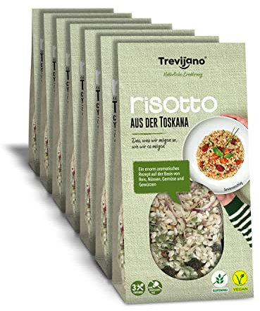 Trevijano Risotto Toscana: 6 Tabletts à 280g. Ohne Zusatzstoffe und Konservierungsmittel: Reis, Haselnüsse, rote Zwiebel, Kirschtomaten, Knoblauch, Tomate, Basilikum, Schnittlauch, schwarzer Pfeffer.